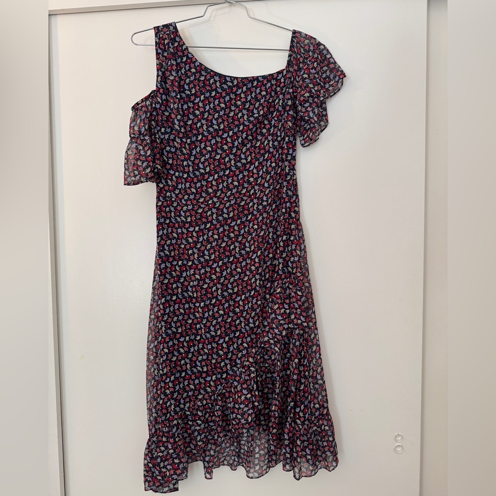 Shoshanna Silk Navy Floral Cold Shoulder Asymmetrical Ruffle Hem Midi Dress 8